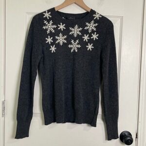 C3 Cashmere 100% Cashmere Sweater Women Large Gray Snowflake Quiet Luxury *Hole*